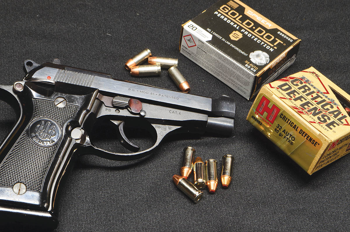 Beretta Model 81 in 32 ACP. Typical of the Beretta small semiautomatics,  this is a double-stack, double-action. Variations include single-stack, single- actions in both 22 LR and 380 ACP. Modern tactical ammunition makes the 32 ACP a viable self-defence or carry gun.
